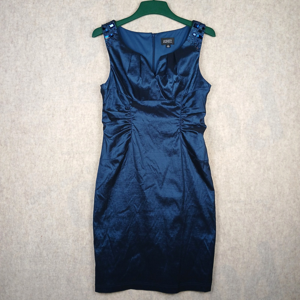 Adrianna Papell Beaded Sheath Dress Women's 14‎ Blue Navy Sleeveless Ruched